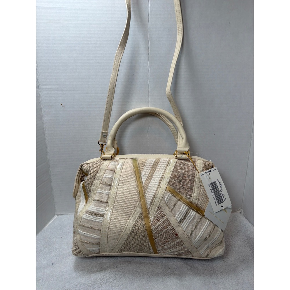 NWT VTG 90s Cara Bella Cream Woven Patchwork Satchel‎ Crossbody Bag Gold Accents